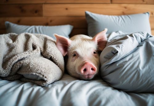 A pet pig snuggles in a cozy bed next to its owner, both peacefully sleeping. A larger bed or separate sleeping area provides a solution for comfort and space
