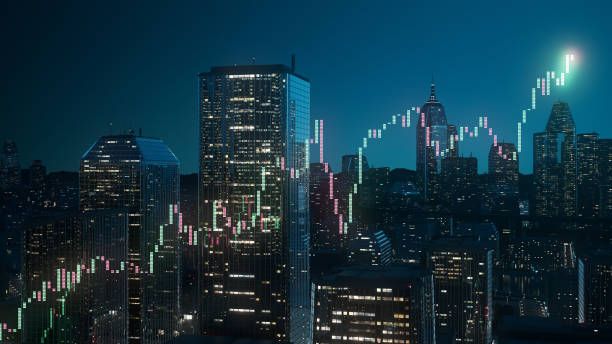 Stock Chart Between Skyscrapers - Financial Analysis, Trading, Investment Financial graph in a digitally generated cityscape, perfectly usable for all kinds of topics related to finance, business and stock exchange. wall street building stock pictures, royalty-free photos & images