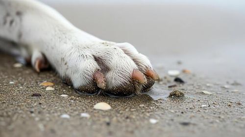 cerca arriba de un perros pata en un arenoso playa con conchas foto