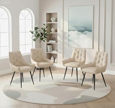 thyofoap Dining Chairs Set of 4, Mid-Century Modern Upholstered Thick Padded Faux Leather Accent Chairs with Sturdy Metal Legs, Comfy Living Room Bedroom Kitchen Chairs, Off White Set of 4