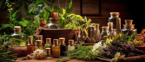 Medicinal herbs and tinctures alternative medicine in jars on table with leaves, Generative AI