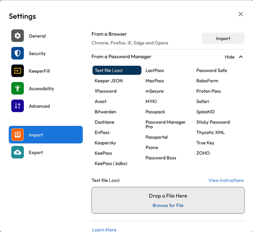 You can import passwords from browsers and other password managers into Keeper.