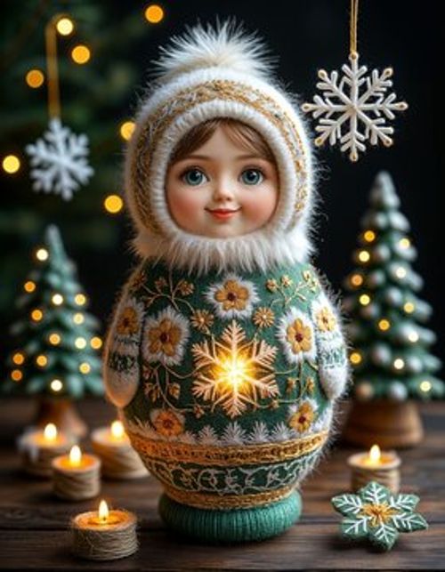 Cute decorative doll with winter hat and snowflakes on table