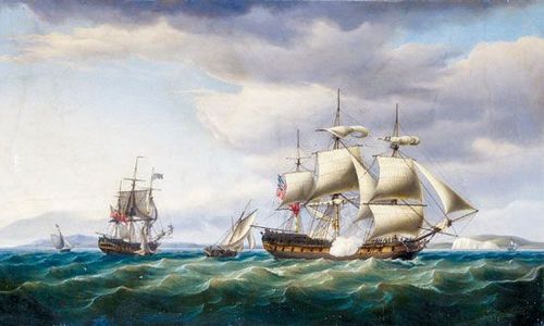 Painting of a few large ships with squared sails in choppy waters, large white and gray clouds in the light blue sky.