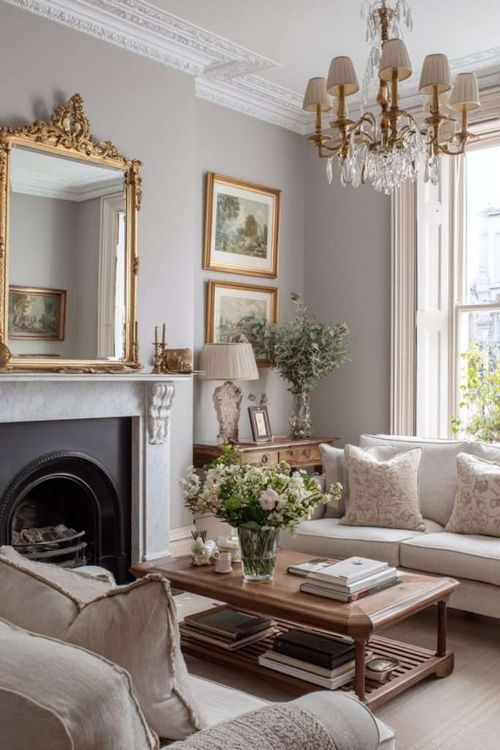 victorian living room fireplace ornate mirror chandelier gray walls