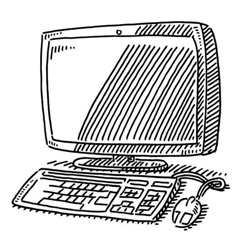 Desktop Computer Drawing Hand-drawn vector drawing of a Desktop Computer. Black-and-White sketch on a transparent background (.eps-file). Included files are EPS (v10) and Hi-Res JPG. desktop-computer-monitor-keyboard-mouse-drawing stock illustrations