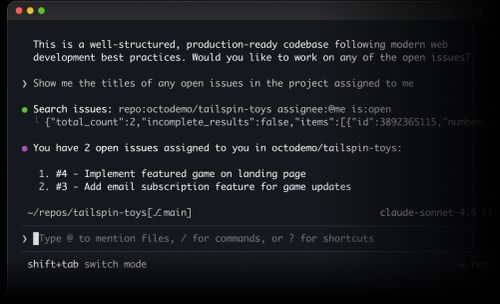 Screenshot of a terminal where an AI assistant displays two assigned GitHub issues: #4 'Implement featured game on landing page' and #3 'Add email subscription feature for game updates.' A command prompt waits for input below.
