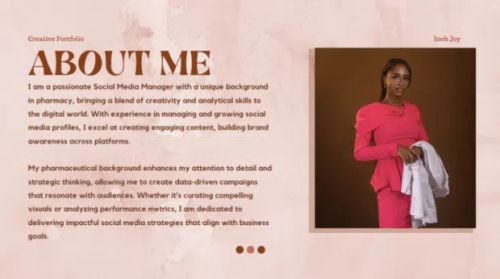Creative Portfolio about me passionate social media manager with unique background in pharmacy