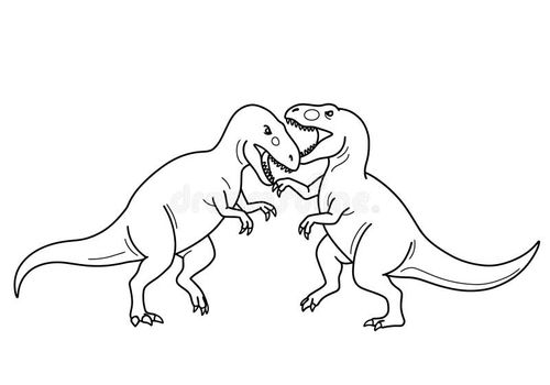 It is a black and white outline image of two dinosaurs, likely theropods like T-Rex, engaged in a fierce battle. Vector sketch line art draw using ai tool. Dinosaur fighting vectors