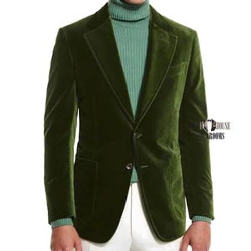 Men's Olive Green Velvet Blazer Single-Breasted Tailored Jacket.