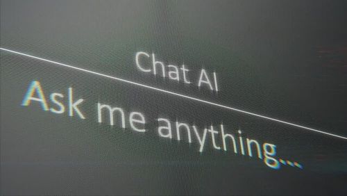 Futuristic chat ai user interface in action, artificial intelligence system, chatting with a bot, dynamics elements, advanced ai technology.