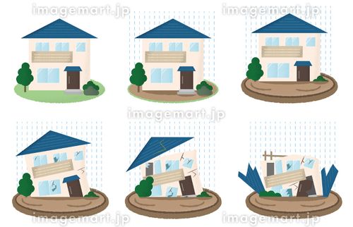 水害を受ける住宅のベクターイラストセット ゲリラ豪雨,住宅ローン,ダメージのイラスト素材