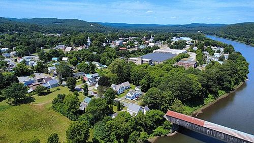 Windsor, VT, with the Cornish-Windsor Covered Bridge visible at bottom-right