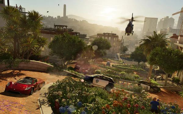HD desktop wallpaper and background featuring a cinematic scene from Watch Dogs 2. The image shows a police chase with a helicopter, police car, and sports car in a vibrant urban landscape.