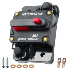 80 amp Circuit Breaker, Manual Reset Inline Fuse Waterproof Circuit Breaker for Car Marine Trolling Motors Solar System, 12V-48VDC with Wire Lugs Copper Washer