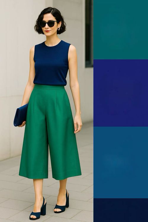 Green Pants Navy Top Outfit, Summer Color Combinations Outfits, Emerald Green Color Palette Outfit, Emerald Green Color Combinations Outfit, Jewel Tone Summer Outfits, Green And Navy Outfit, Green Capsule Wardrobe, Green Blue Outfit, Teal Midi Skirt Outfit