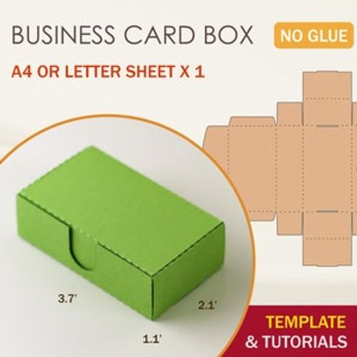 May include: A green business card box template with dimensions of 3.7 inches by 2.1 inches by 1.1 inches. The template is for a single business card box and is designed to be printed on a standard A4 or letter sheet of paper. The template includes a fold line and a cut line for easy assembly. The template is labeled "BUSINESS CARD BOX" and "NO GLUE".