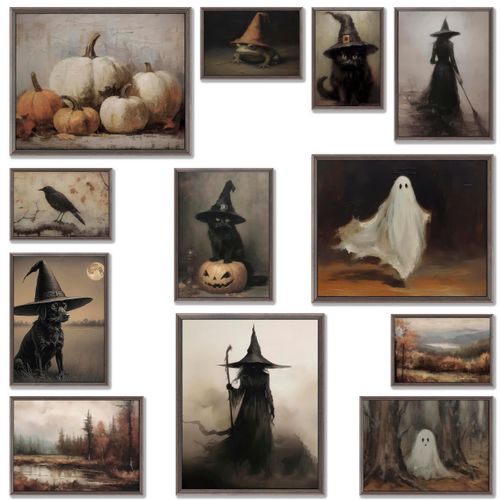 LANCHI95 12 Pcs Halloween Wall Art Prints, Vintage Witch Posters, Cute Ghost Pictures for Bedroom Decor (UNFRAMED)