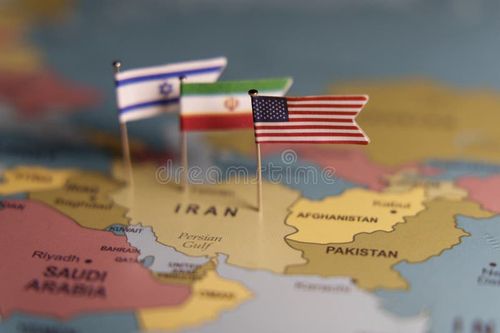 Flags of Israel, Iran, and USA pinned on map showing geopolitical tension and international relations in Middle East. June 19, 2025. Israel map stock images, royalty-free photos and pictures