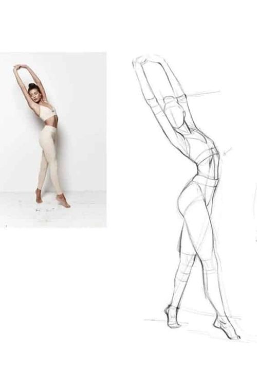 Woman posing in activewear next to a sketch outline replicating her pose, showcasing fitness and art.