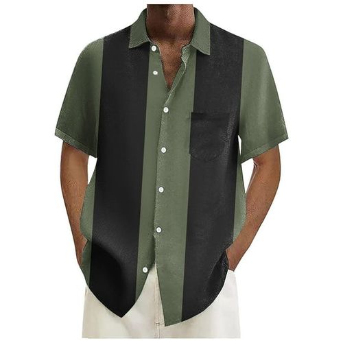 Dress Shirts for Men Mens Vintage Bowling Shirts 1950s Casual Short Sleeve Button Up Contrast Shirt Summer Color Block Cuban Shirts(AG,3xl)
