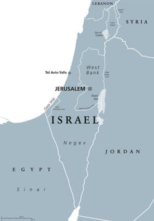 Israel political map with capital Jerusalem and neighbors. State of Israel, a country in Middle East with Palestinian territories West Bank and Gaza Strip. Illustration with English labeling. Vector.