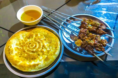 Close-up of spiced Uyghur lamb skewers