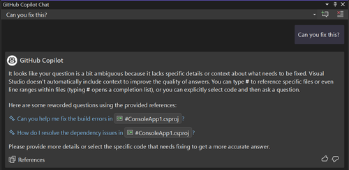 GitHub Copilot Chat 引導聊天體驗的螢幕快照。
