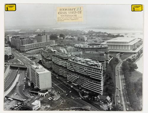 The Watergate complex in Washington, D.C. - a group of brutalist, curving buildings by the Potomac river.