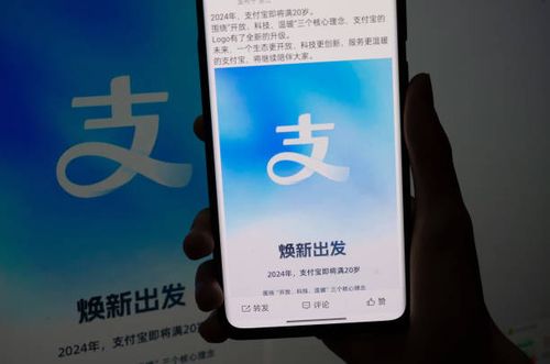 Young man is looking at the new logo of Alipay, which was released by its official Weibo account, on his mobile phone and computer in Shanghai,...