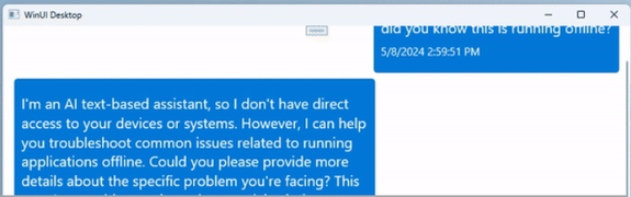 WinUI 3 应用中使用 Phi3 的 GenAI 聊天示例的屏幕截图。