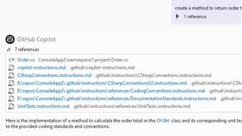 Copilot 在參考清單中使用的自訂指令檔案的螢幕擷取畫面。