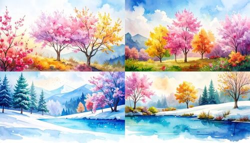 四季の風景、水彩画の自然、春夏秋冬のイラスト、水彩アート、季節の変化、桜と紅葉の風景、冬の雪景色、カラフルな自然、自然と季節の絵画、優しい色合いの風景