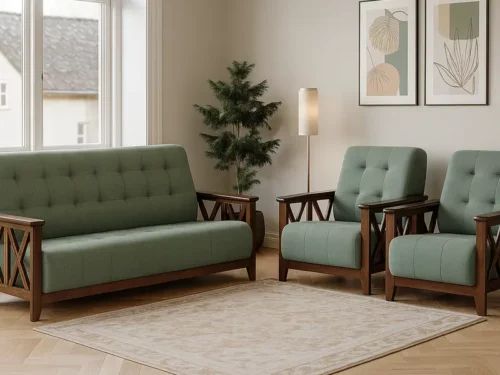 Teak Finish Wooden 5 Seater Sofa Set with Green Tufted Cushions & Modern X-Design Armrests (1)