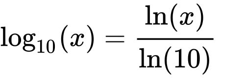 {\displaystyle \log _{10}(x)={\frac {\ln(x)}{\ln(10)}}\quad }