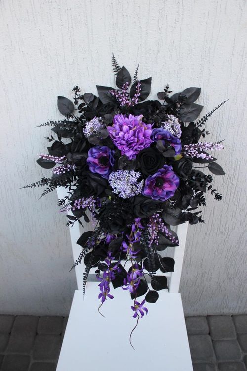 Purple black wedding bouquet, cascading bridal bouquet, dark bouquet, gothic wedding decor, silk flower bouquet image 13