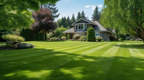 A well-maintained lawn with a house in the background photo