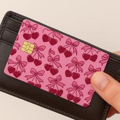Pink Heart Bow Credit Card Sticker – Cute Romantic Debit Card Skin – Girly Vinyl Cover for Bank or Gift Cards
