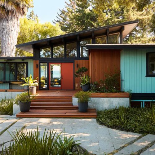 A mid century modern home exterior with a retro color palette of turquoise and wood siding, and a red front door.