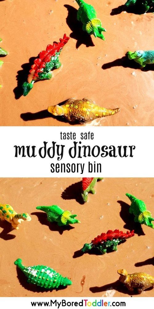 some toys are laying on the sand and there is text overlay that says, taste safe muddy dinosaur sensory bin