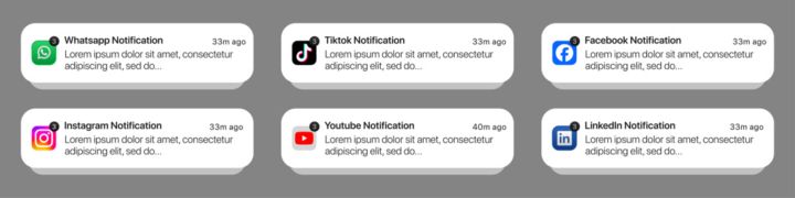 iOS notification mockup. WhatsApp, TikTok, Facebook, Instagram, YouTube & LinkedIn iOS notification UI mockup template. chat alerts, message UI mockup