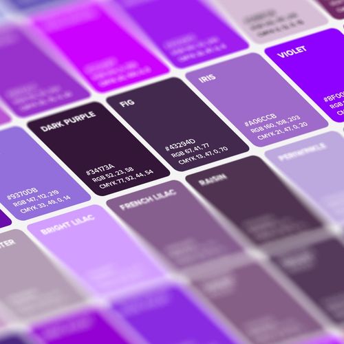 May include: A colour chart with swatches of purple, lavender, and violet shades. Each swatch has a colour code and the name of the colour, such as "Dark Purple", "Fig", "Iris", and "Violet".