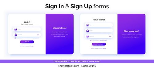 Set of Sign Up and Sign In forms. Purple gradient. Registration and login forms page. Professional web design, full set of elements. User-friendly design materials. Stock Vector