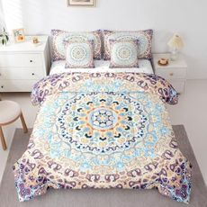 Bohemian Mandala Bedding Comforter Sets Vintage Art Deco Bed in a Bag, Oriental Flower Bedding Queen Size 7pcs Abstract Artwork Comforter Set, Retro Medallion Bedding Accessories Navy Blue Beige Puple