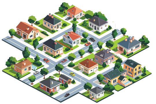 Isometric Suburban Neighborhood with Houses isolated