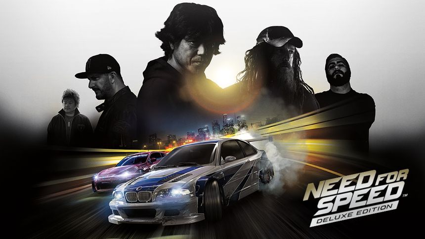 Need for Speed Deluxe Edition game art showcasing racing cars in action, overlooked by silhouettes of five characters in game