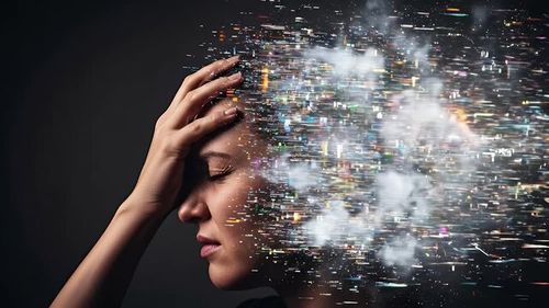 A woman experiencing mental stress as her head dissolves into abstract particles and smoke.