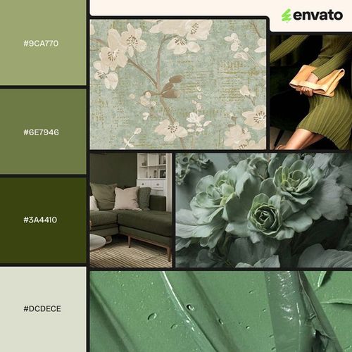 Sage green color palette with hex codes.
