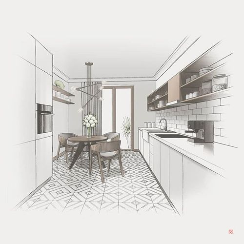 a drawing of a kitchen and dining room with white tile flooring, walls and cabinets