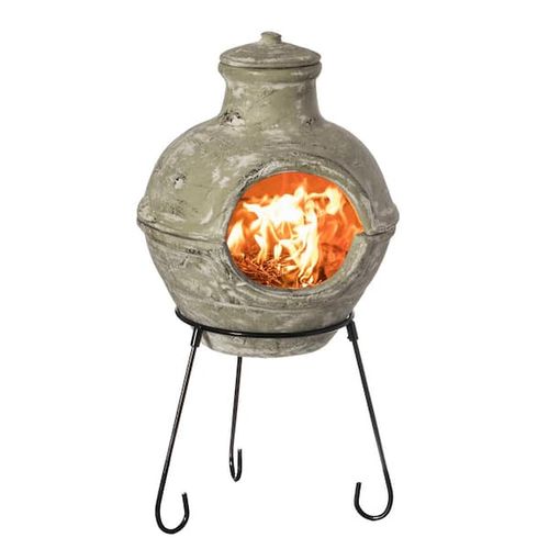 Outdoor Beige Clay Chimenea BBQ Grill Fire Pit Accent Design and Metal Stand